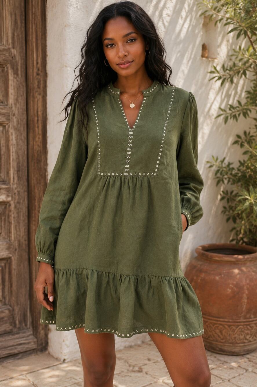 Magaschoni 100% Linen Olive Green Embroidered Tunic Dress Bohemian Womens Small